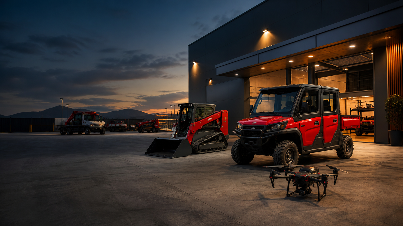 Máquinas e equipamentos em um pátio industrial ao entardecer