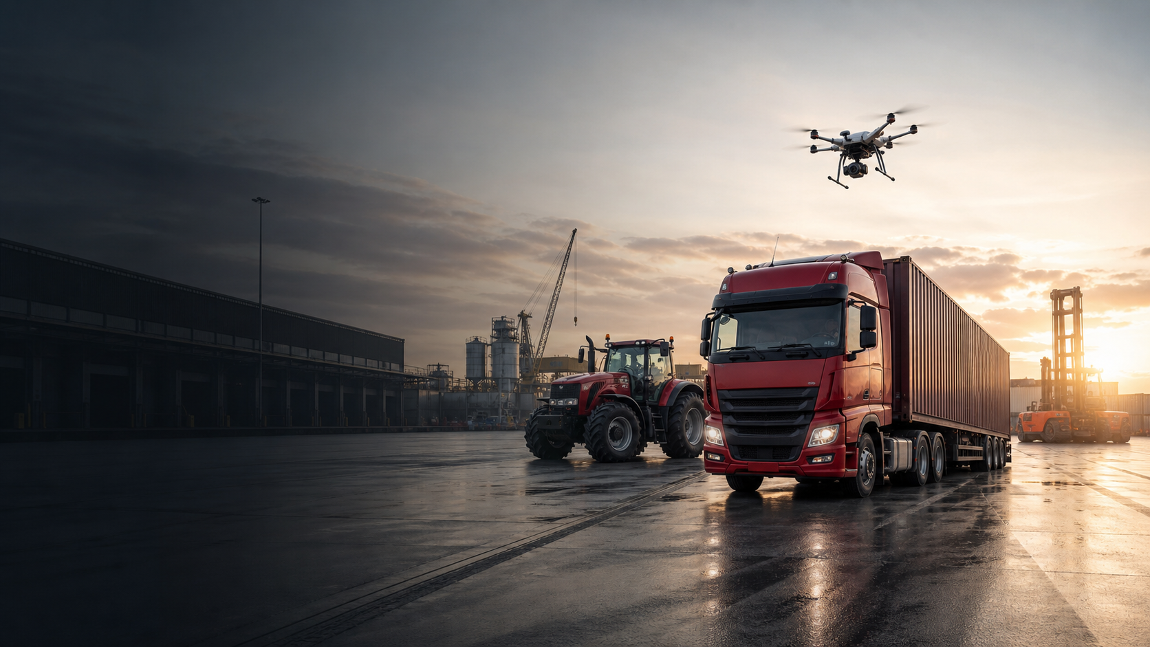 Caminhão, trator e drone em uma operação logística
